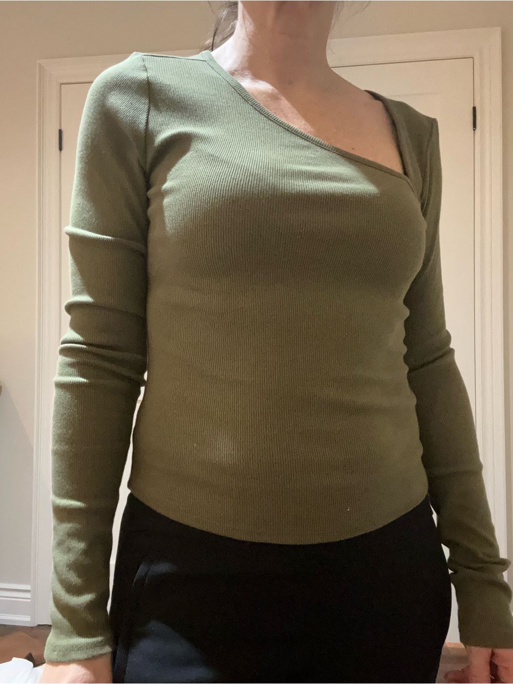 Anthropologie Pilcro Olive Asymmetric Ribbed Long-Sleeve Top